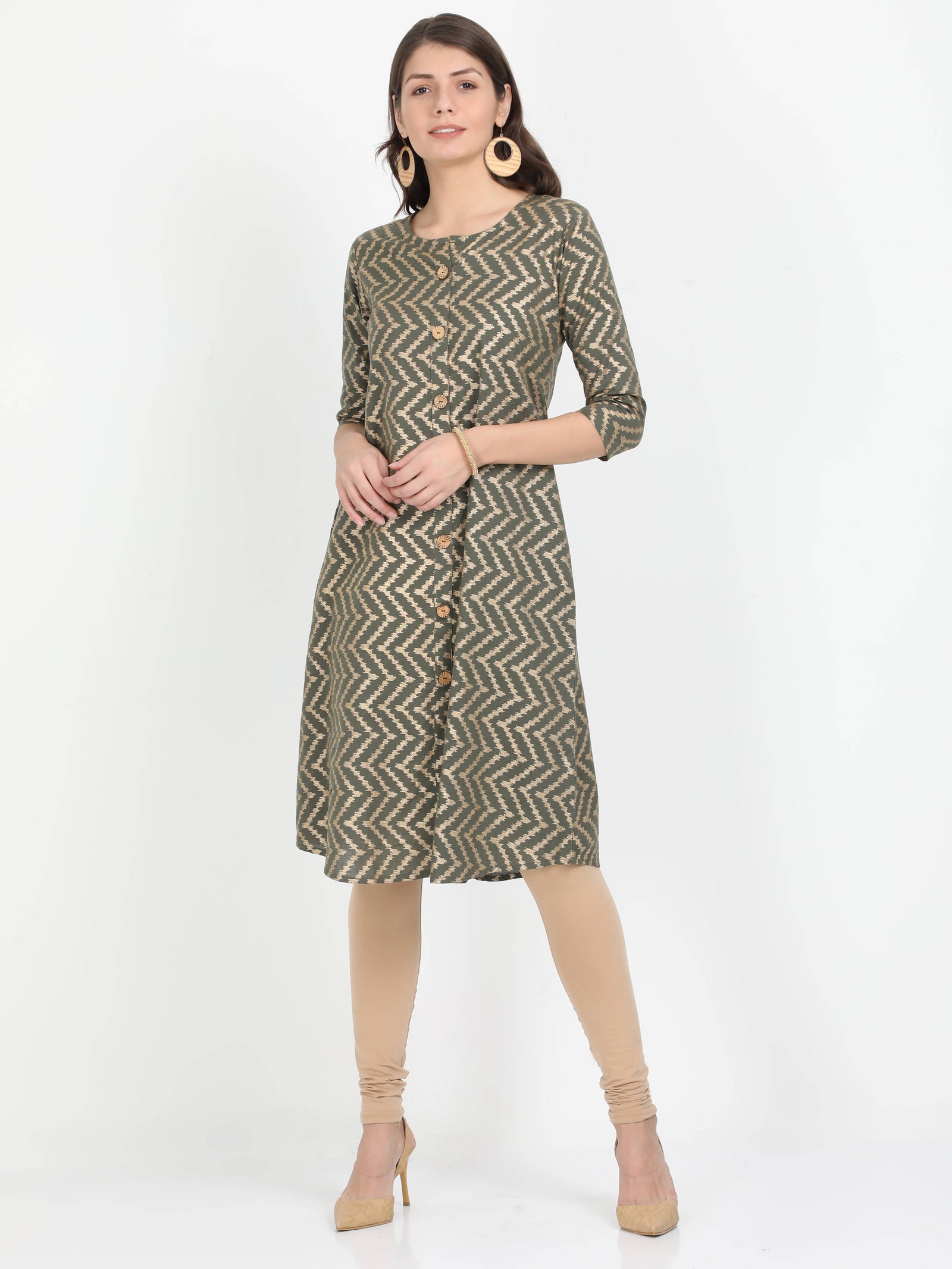 Women Olive Green Printed A-Line Kurta Women Olive Green Printed A-Line Kurta