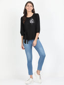 Women Black Single flower print casual Short Top - Tuzzut.com Qatar Online Shopping