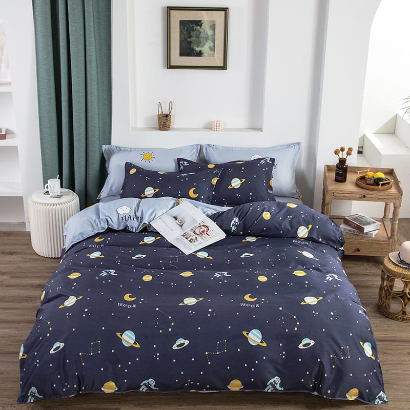JA158-2 Cotton Double Size Bedsheet with Quilt Cover and Pillow Case 4 Pcs- Blue - TUZZUT Qatar Online Store