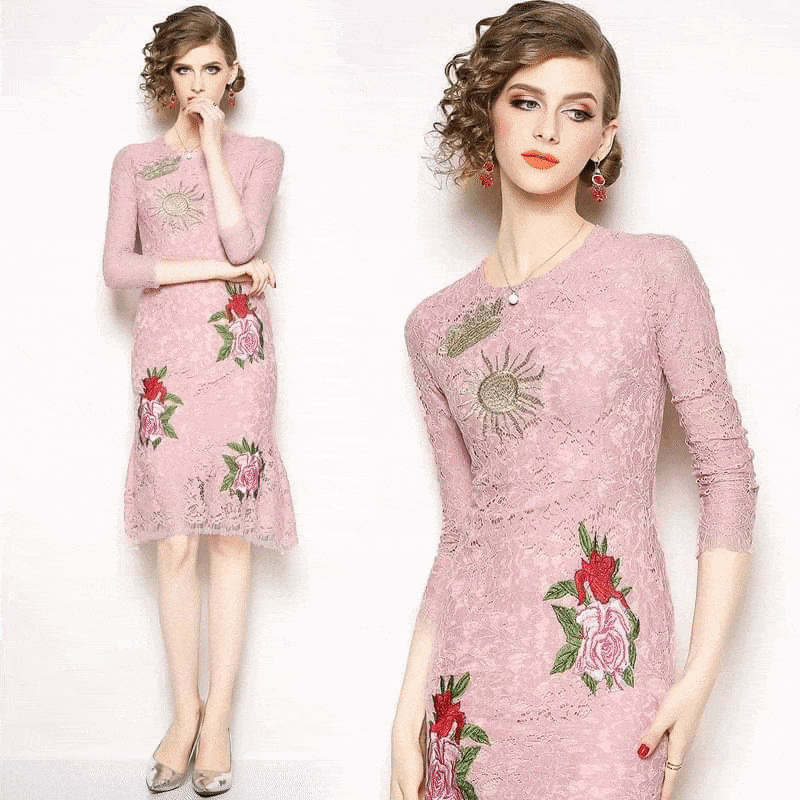 Women’s Golden Sun Pin Red Flower Embroidery Pink Lace Slim Hollow Out Dresses LK55 Women’s Golden Sun Pin Red Flower Embroidery Pink Lace Slim Hollow Out Dresses LK55