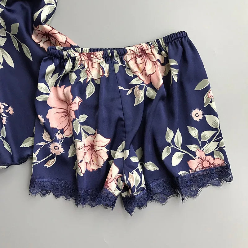 Women’s Floral Printed Lace-Trim Pajama Set (Cami Top + Shorts) Women’s Floral Printed Lace-Trim Pajama Set (Cami Top + Shorts)
