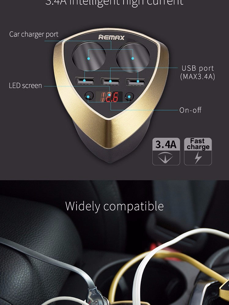 Remax CR-3XP Smart Car Cup Car Charger 3 USB Ports Cigarette Lighter Socket Splitter LED Display 3.4A - Tuzzut.com Qatar Online Shopping