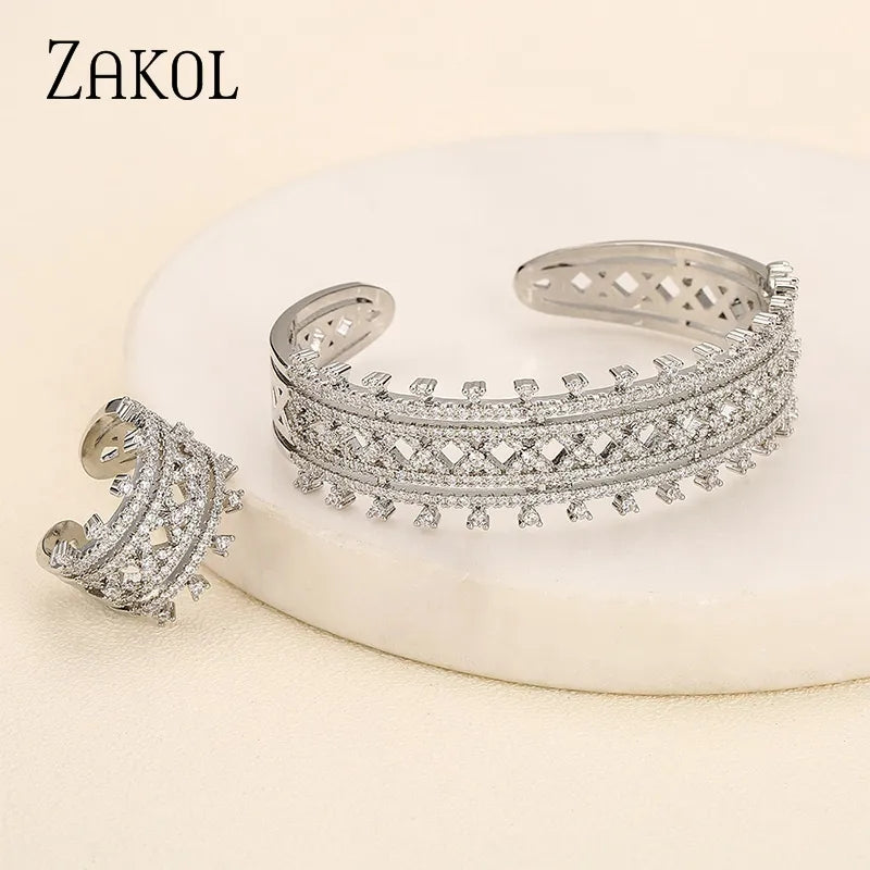 New Exquisite Luxury Geometric Cubic Zirconia Wedding Bracelet Ring Jewelry Sets for Women Silver Color Jewellery Set - B69090