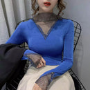 Women's V-Neck Long Sleeve Shiny T-Shirt Korean Style Top R2446 - Tuzzut.com Qatar Online Shopping