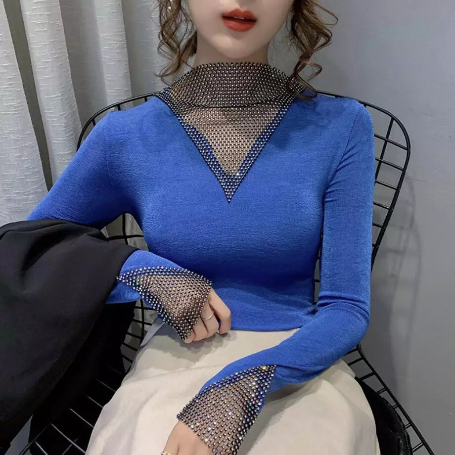 Women's V-Neck Long Sleeve Shiny T-Shirt Korean Style Top R2446 Women's V-Neck Long Sleeve Shiny T-Shirt Korean Style Top R2446