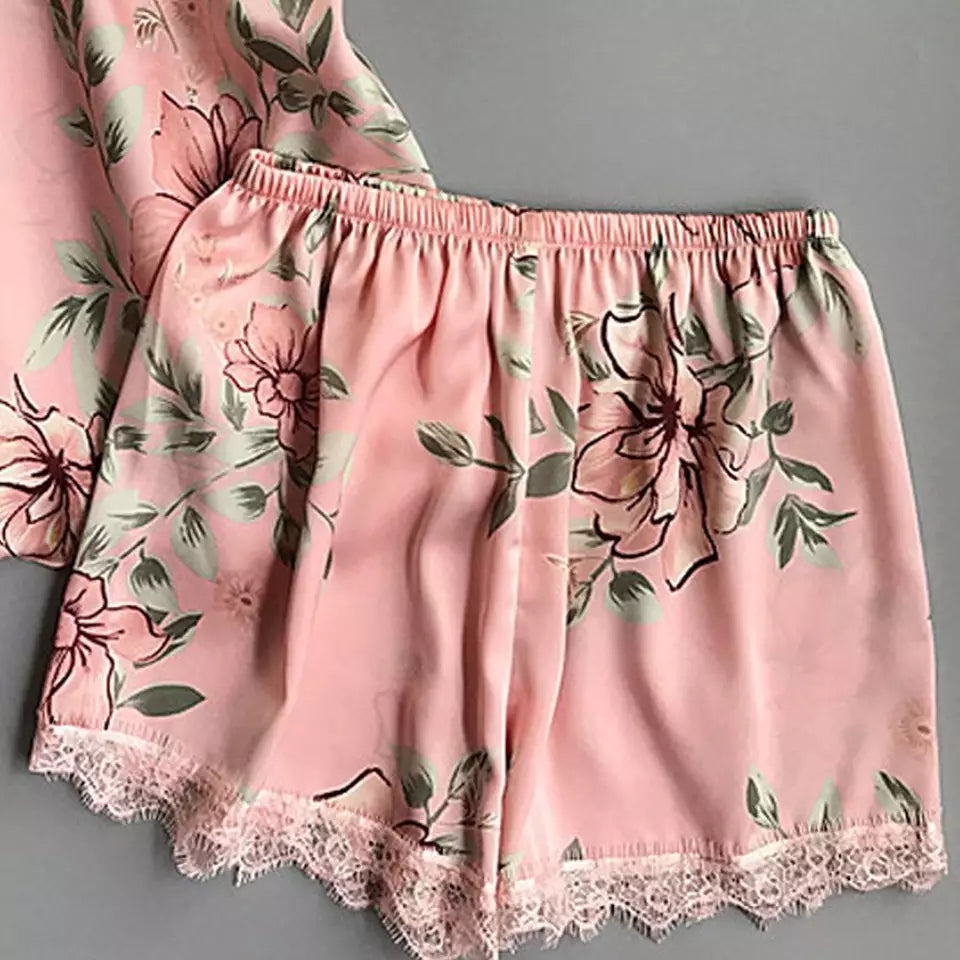 Women’s Floral Printed Lace-Trim Pajama Set (Cami Top + Shorts) Women’s Floral Printed Lace-Trim Pajama Set (Cami Top + Shorts)