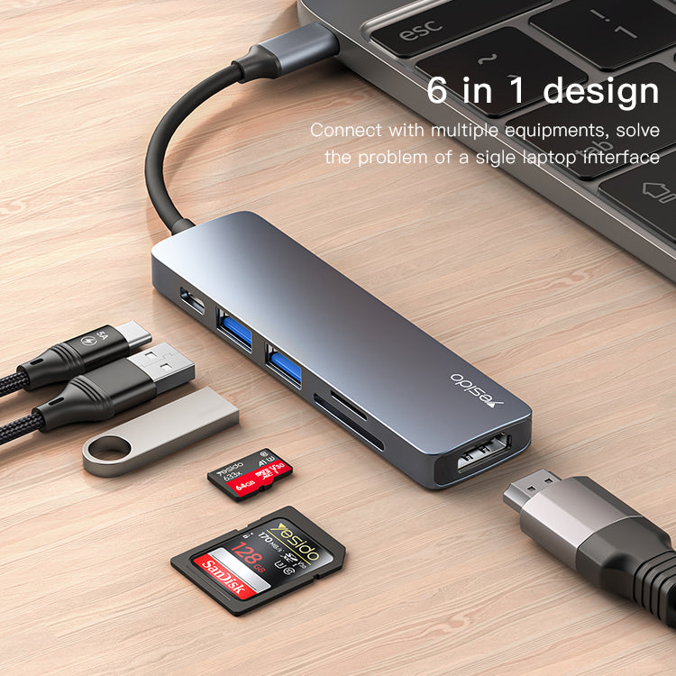 YESIDO HB11 6 In 1 Aluminium Alloy USB-C Multiport Hub Adapter With 4K HDMI & Card Reader - Tuzzut.com Qatar Online Shopping