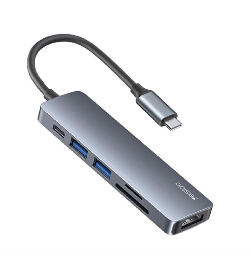 YESIDO HB11 6 In 1 Aluminium Alloy USB-C Multiport Hub Adapter With 4K HDMI & Card Reader - Tuzzut.com Qatar Online Shopping
