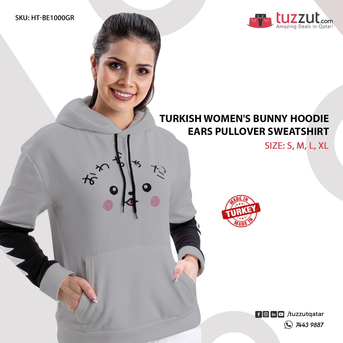 Turkish Women's Bunny Hoodie Ears Pullover Sweatshirt-Grey Turkish Women's Bunny Hoodie Ears Pullover Sweatshirt-Grey