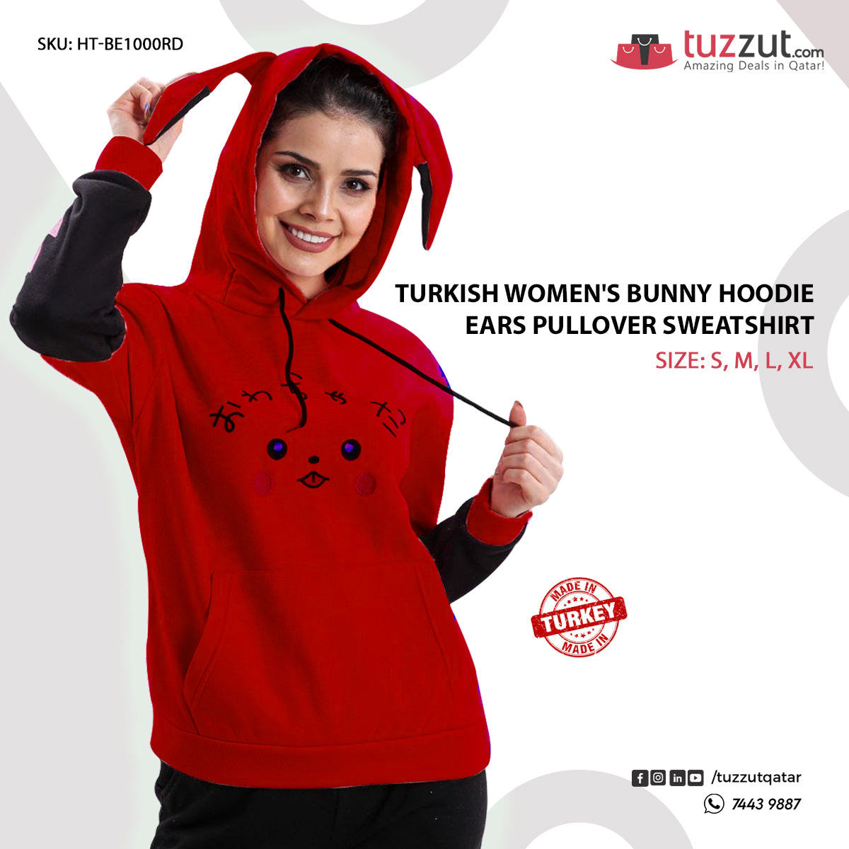 Turkish Women's Bunny Hoodie Ears Pullover Sweatshirt-Red Turkish Women's Bunny Hoodie Ears Pullover Sweatshirt-Red