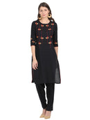 Women Black cotton embroidered kurta with Rayon Black Pant - Tuzzut.com Qatar Online Shopping