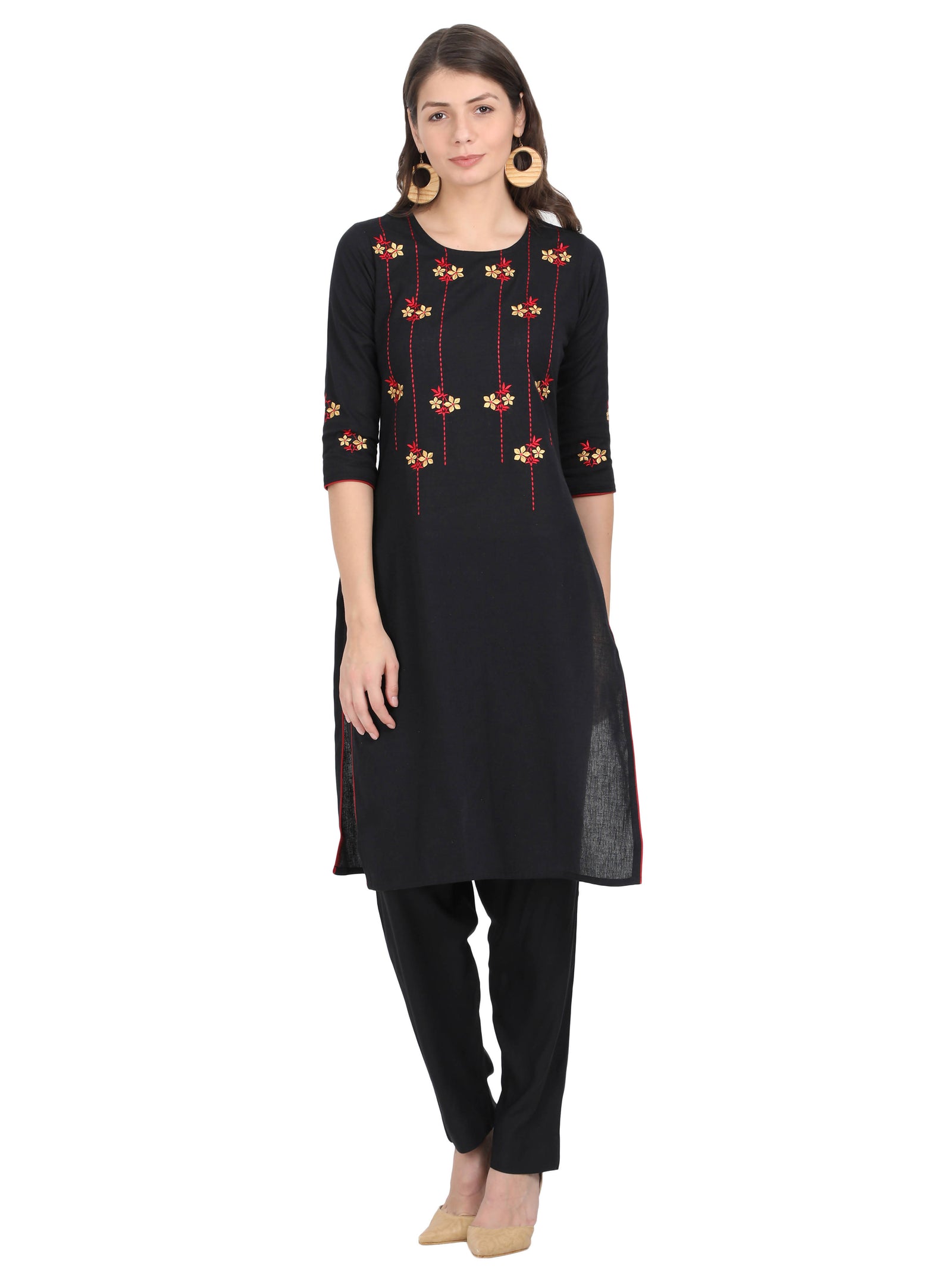 Women Black cotton embroidered kurta with Rayon Black Pant Women Black cotton embroidered kurta with Rayon Black Pant