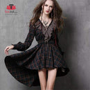 New Vintage Cotton Plaid Patchwork V-Neck Ruffles Asymmetrical Women Dresses - A6537 - Tuzzut.com Qatar Online Shopping