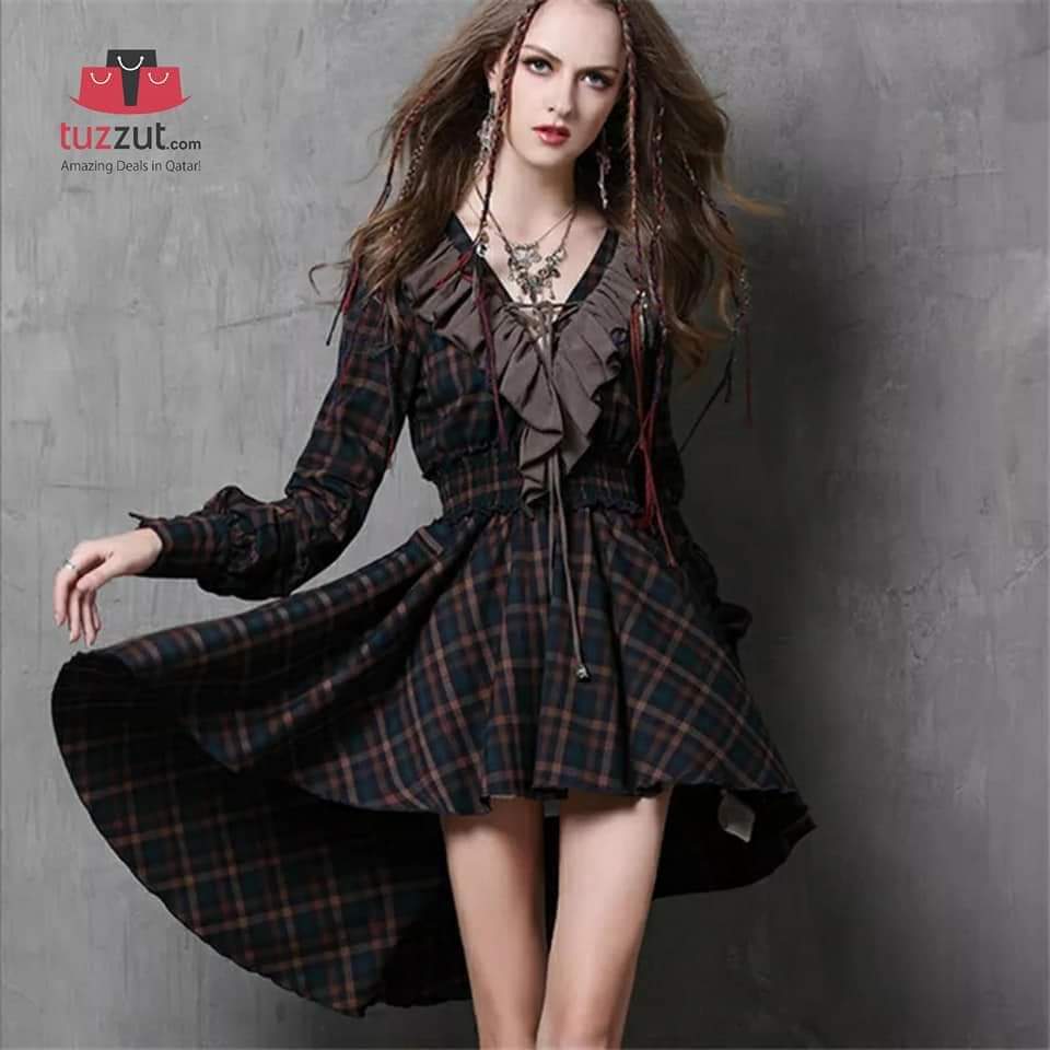 Women Vintage Plaid Patchwork V-Neck Ruffles Dresses - A6537 Women Vintage Plaid Patchwork V-Neck Ruffles Dresses - A6537