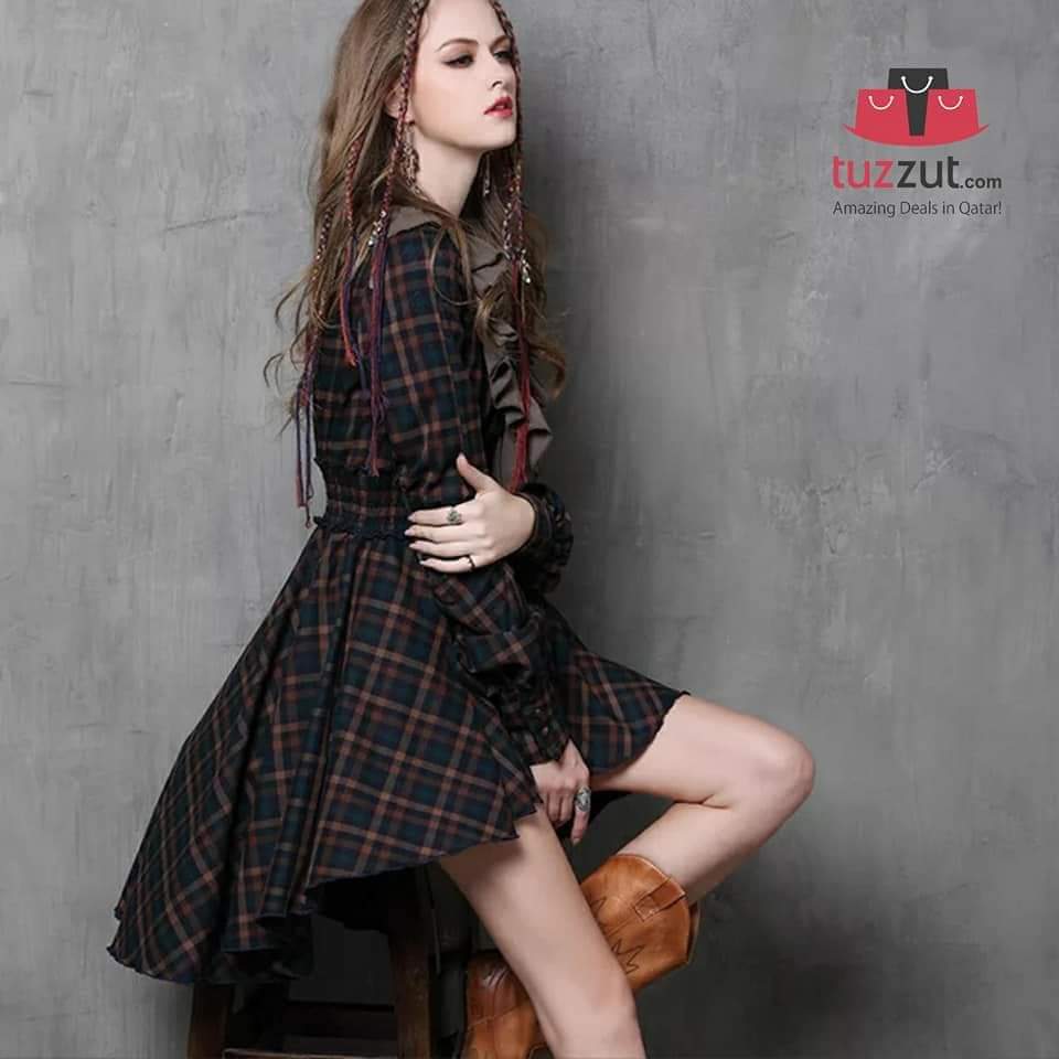 Women Vintage Plaid Patchwork V-Neck Ruffles Dresses - A6537 Women Vintage Plaid Patchwork V-Neck Ruffles Dresses - A6537