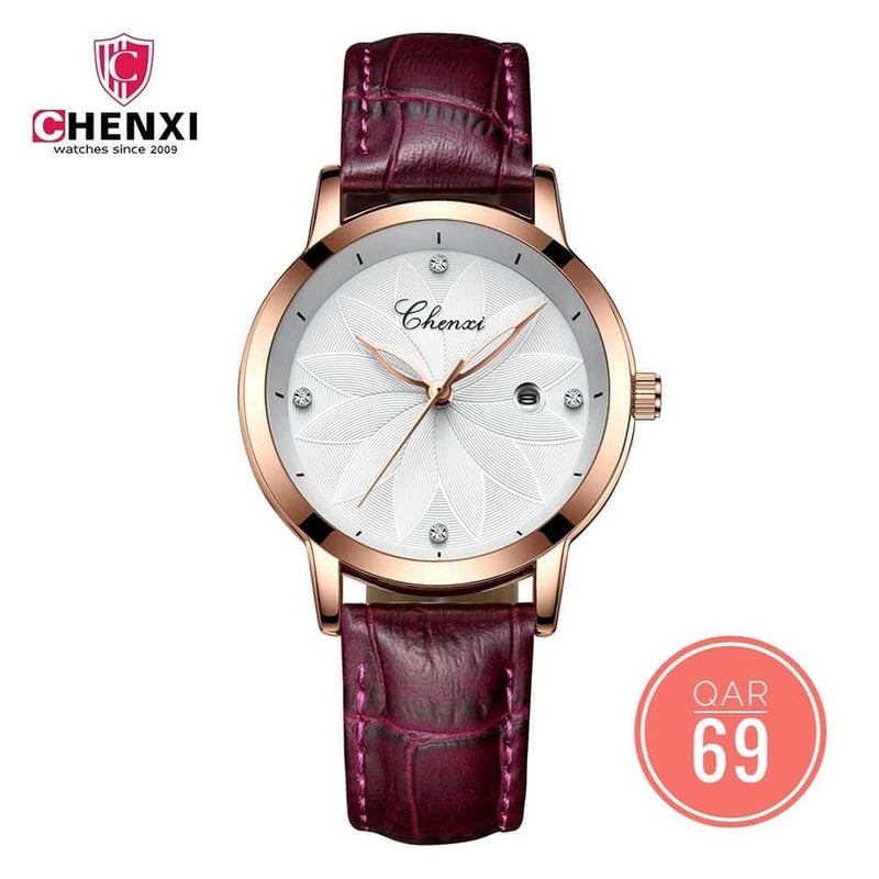Chenxi Fashion Designer Ladies Luxury Leather Strap Watches CX-303L - Maroon Gold - Tuzzut.com Qatar Online Shopping