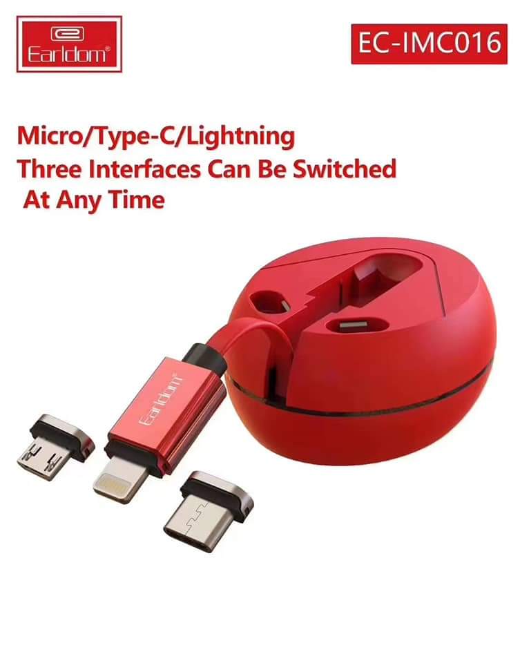 Earldom 3 in 1 Magnetic Restrable USB Cable 3A Micro-USB / Lightning / Type-C - EC-iMC016 - TUZZUT Qatar Online Store