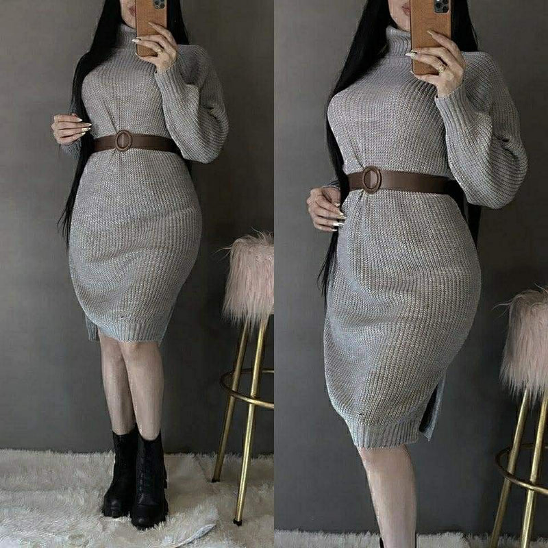 Turkish Knitted Semi-Wool Elastic Dress with Belt - Tuzzut.com Qatar Online Shopping