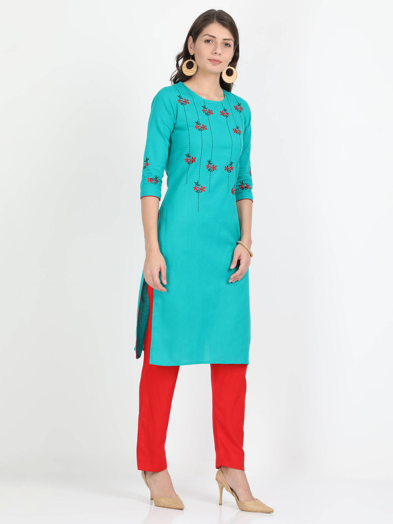 Women Blue cotton embroidered top and Red rayon pant - Tuzzut.com Qatar Online Shopping
