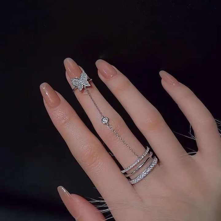 Silver Plated Butterfly Finger Rings Women Ins Trending Multi Layer Full Rhinestone Butterfly Nail Ring - Tuzzut.com Qatar Online Shopping