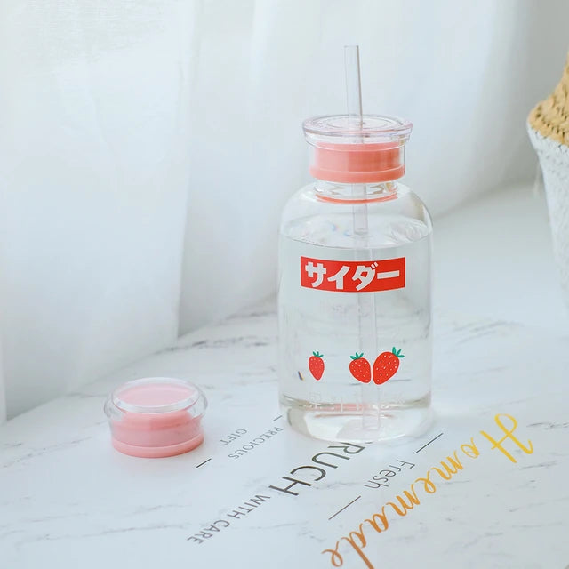 Cartoon Fruit Cups Lovely Kids Straw Water Bottle Portable Fashion Glass Water Bottles Creative Double Lid Clear Drinking Cups - Tuzzut.com Qatar Online Shopping