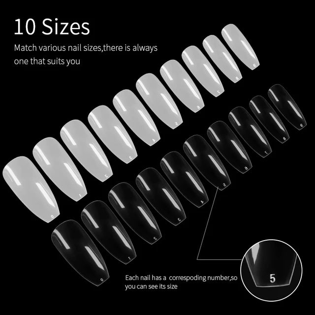 500pcs (10 Sizes x 50 pcs) Long Coffin Stiletto French Fake Nails Clear Half Full Cover Artificial False Nail Art Tips Capsule for Extension - Tuzzut.com Qatar Online Shopping