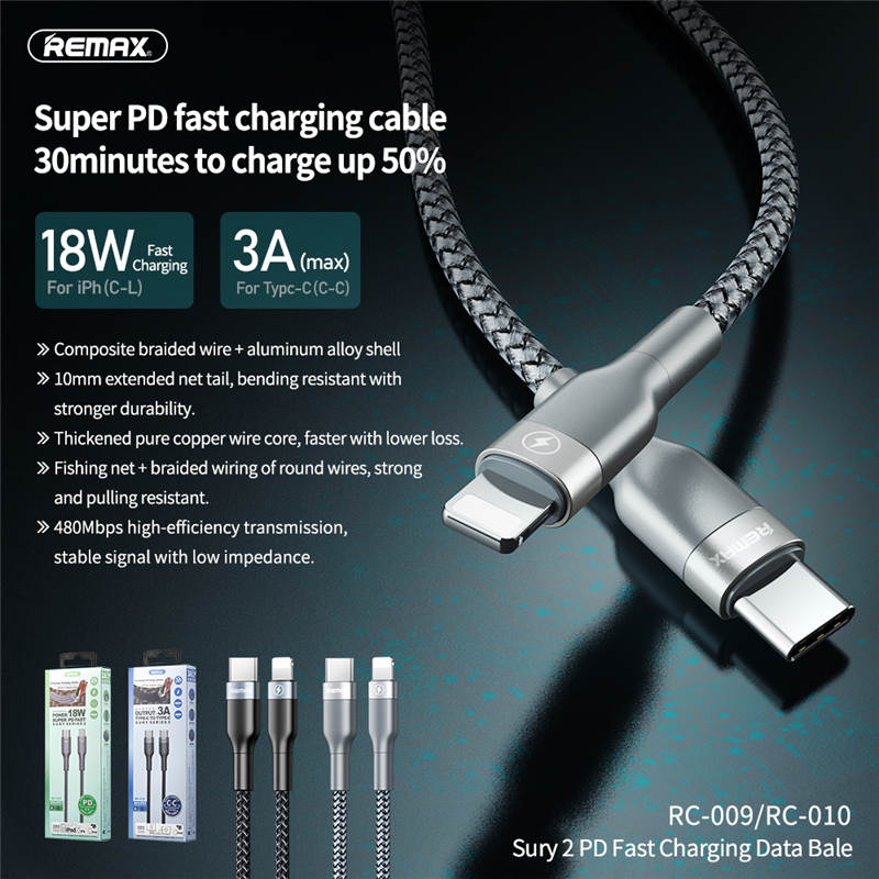 Remax RC-009 Sury 2 Series Fast Charging Type-C to Lightning Data Cable Remax RC-009 Sury 2 Series Fast Charging Type-C to Lightning Data Cable