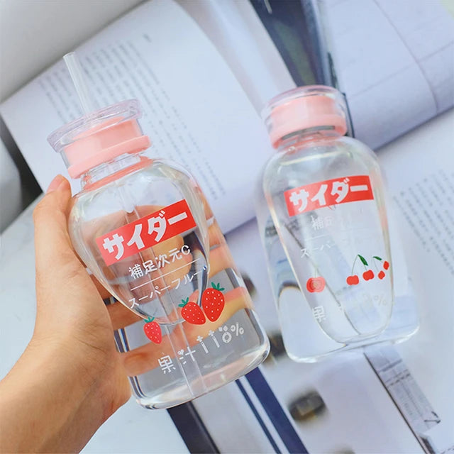 Cartoon Fruit Cups Lovely Kids Straw Water Bottle Portable Fashion Glass Water Bottles Creative Double Lid Clear Drinking Cups - Tuzzut.com Qatar Online Shopping
