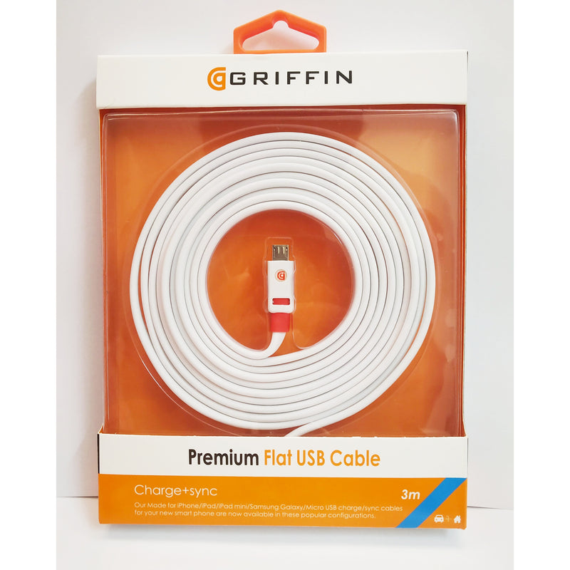 Griffin 3 Meter Micro USB Cable for Android Phones Premium Flat Cable For Charging & Sync - White - Tuzzut.com Qatar Online Shopping