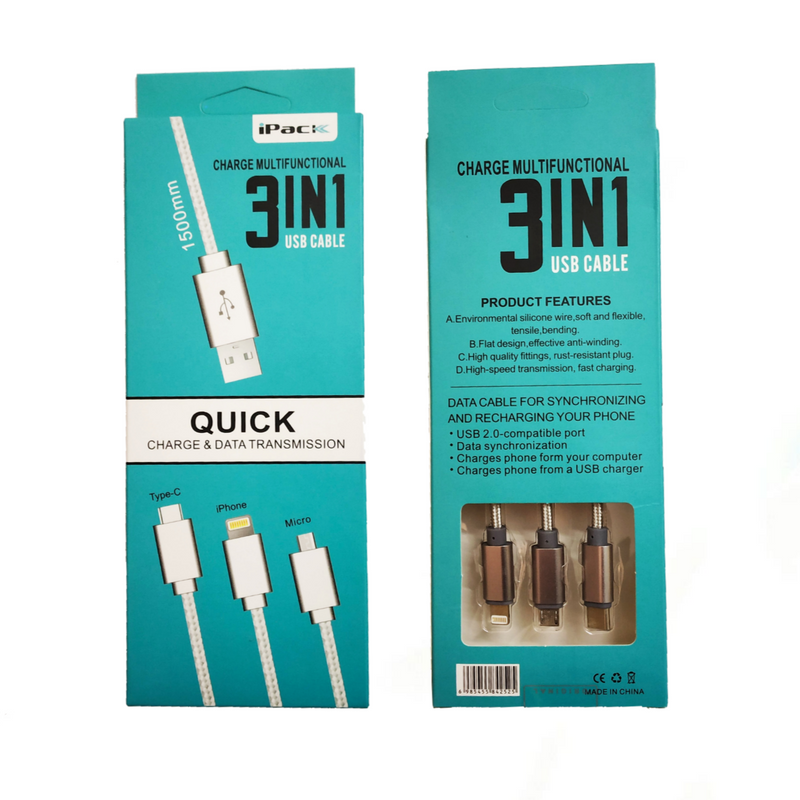 iPack 3 in 1 USB Cable
Quick Charge and Data Transmission (Type-C, iPhone and Micro USB) - TUZZUT Qatar Online Store