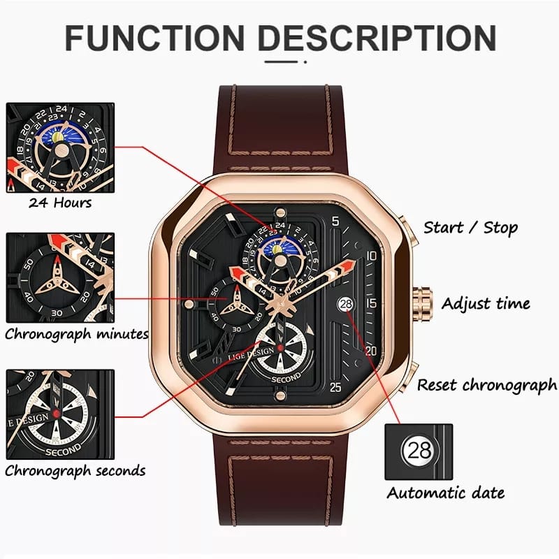 LIGE Men Quartz Luxury Leather Wristwatch LIGE8966 - Tuzzut.com Qatar Online Shopping