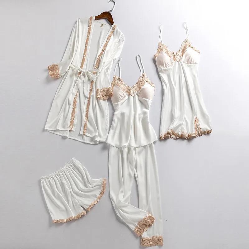 5 Pcs Satin Sleepwear Lady Nightgown Kimono Robe Suit NS5900 - Tuzzut.com Qatar Online Shopping