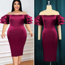 Women Satin Party Dress Slash Neck Short Puff Sleeve Shoulder Bodycon Clubwear Summer Event S4653623 - Tuzzut.com Qatar Online Shopping