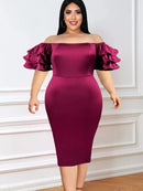 Women Satin Party Dress Slash Neck Short Puff Sleeve Shoulder Bodycon Clubwear Summer Event S4653623 - Tuzzut.com Qatar Online Shopping