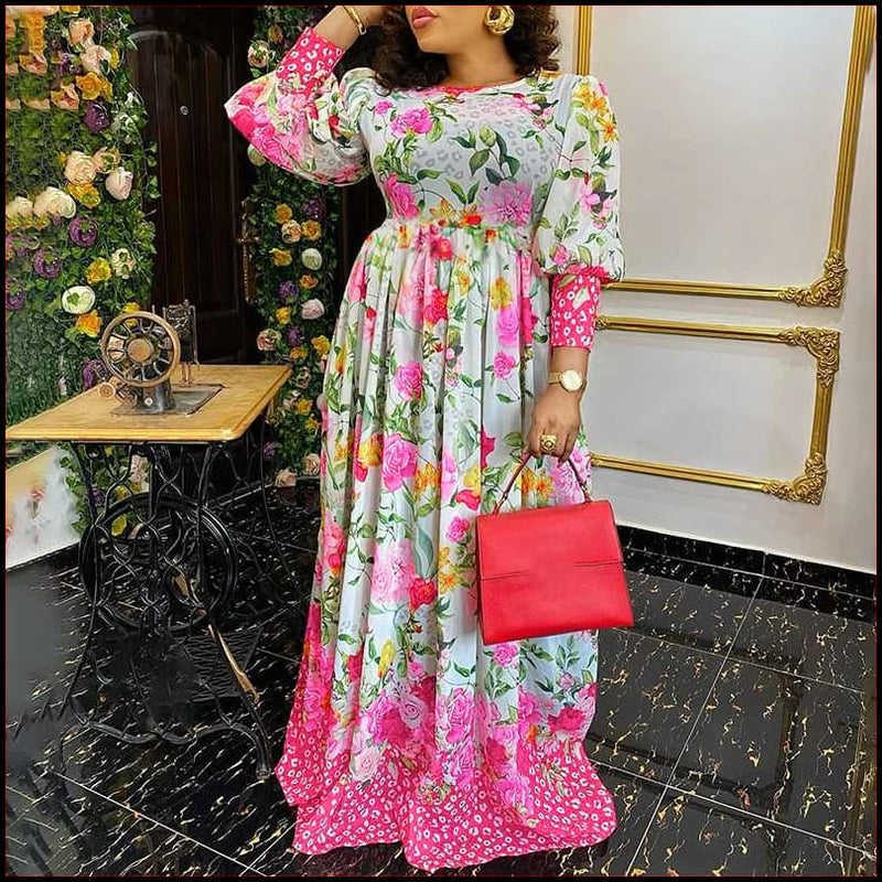 Holiday Dress Women Fashion 3/4 Sleeve Floral Printed Party Maxi Dress S4613945 - Tuzzut.com Qatar Online Shopping