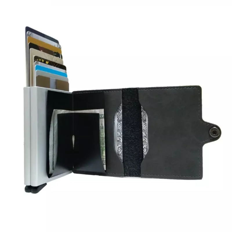 Double Aluminum RFID Leather Credit Card Holder (automatic Pop Up)- Small Card Case Wallet - Tuzzut.com Qatar Online Shopping