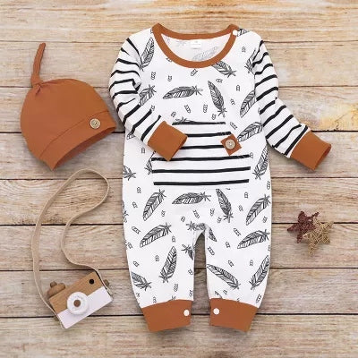 2-Piece Feather Print Hooded Bodysuit and Hat B2022 2-Piece Feather Print Hooded Bodysuit and Hat B2022