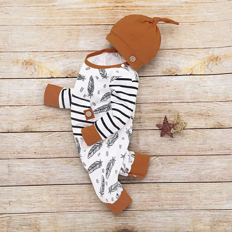 2-Piece Feather Print Hooded Bodysuit and Hat B2022 2-Piece Feather Print Hooded Bodysuit and Hat B2022