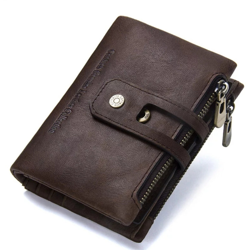 Genuine Leather Bifold vertical wallet with zip pocket for men - Model