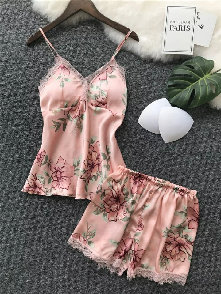 Women’s Floral Printed Lace-Trim Pajama Set (Cami Top + Shorts) Women’s Floral Printed Lace-Trim Pajama Set (Cami Top + Shorts)