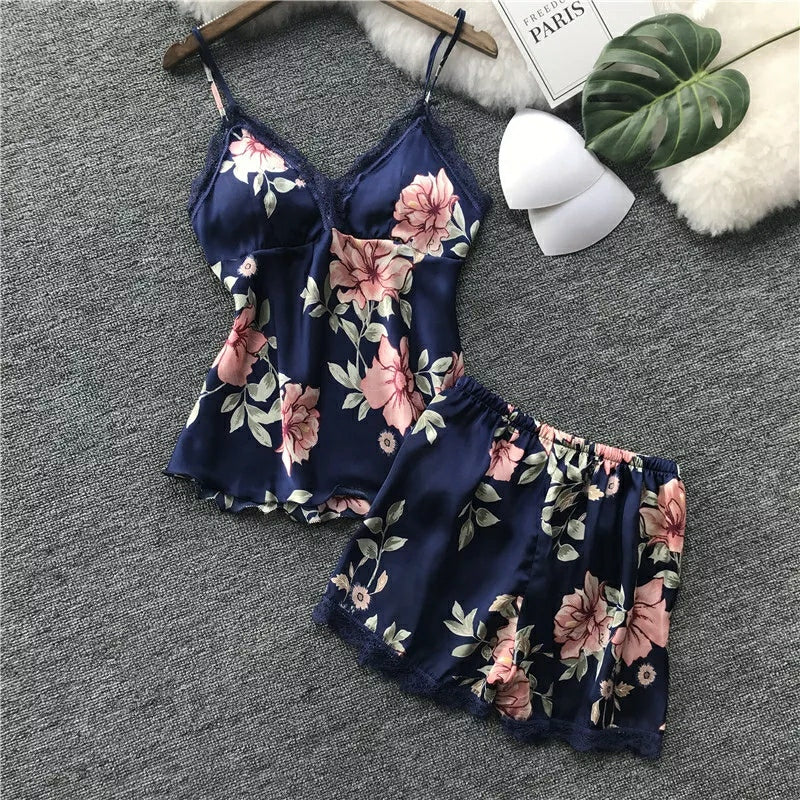 Women’s Floral Printed Lace-Trim Pajama Set (Cami Top + Shorts) Women’s Floral Printed Lace-Trim Pajama Set (Cami Top + Shorts)