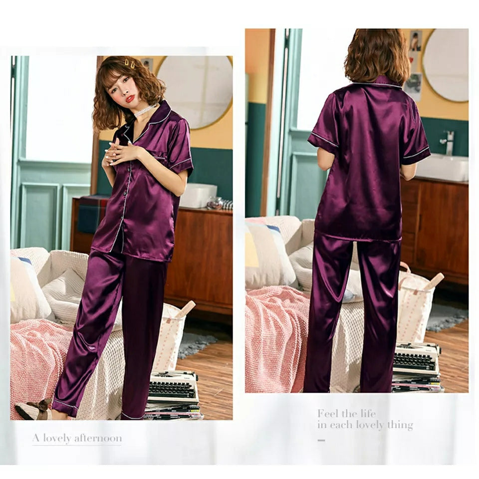 Women's Silk Satin Pajama Set Collar Short Sleeve Nightgown Women's Silk Satin Pajama Set Collar Short Sleeve Nightgown