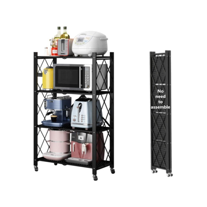 4 Layer Folding Storage Shelf Metal Rack with Rolling Wheel - Black 4 Layer Folding Storage Shelf Metal Rack with Rolling Wheel - Black