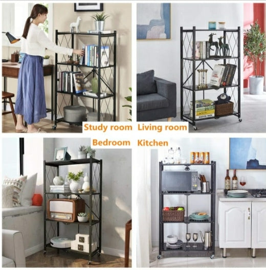 4 Layer Folding Storage Shelf Metal Rack with Rolling Wheel - Black 4 Layer Folding Storage Shelf Metal Rack with Rolling Wheel - Black