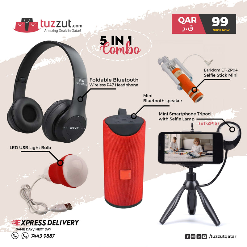 5 in 1 Smart Combo (Bluetooth Speaker, Selfie Stick, Bluetooth Headset, Tripod with Selfie Lamp, LED USB Bulb) - TUZZUT Qatar Online Store