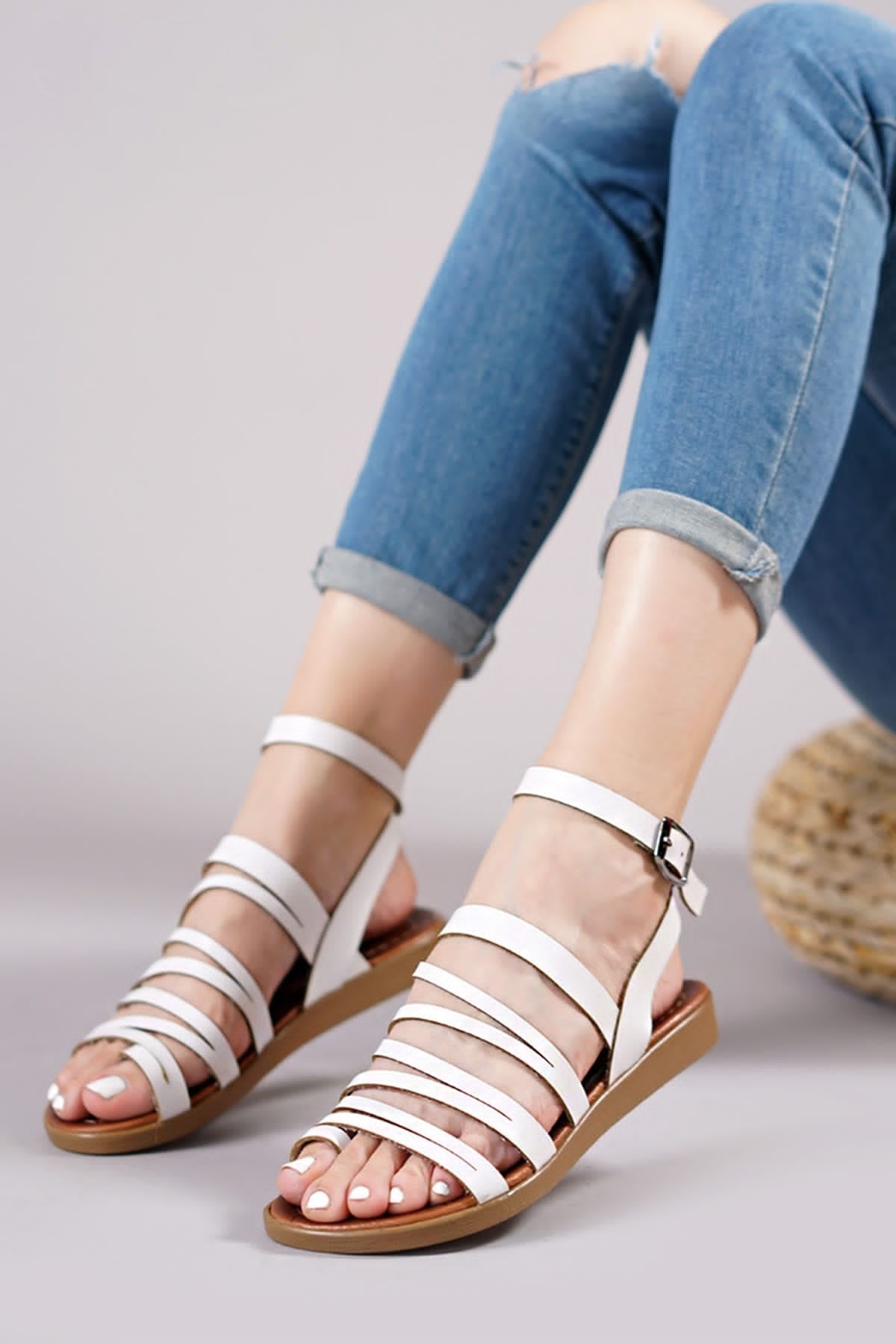 Women's Leather Strappy Cute Sandals 3003 - White Women's Leather Strappy Cute Sandals 3003 - White
