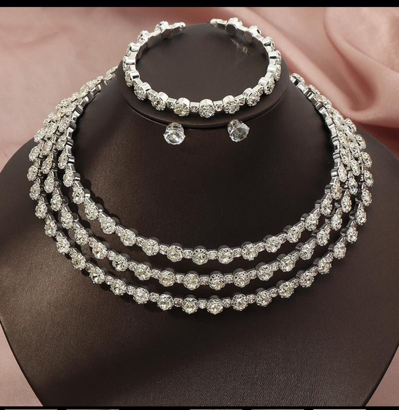 Crystal Choker Bridal Jewelry Set Women's Rhinestone Wedding Earrings Bracelet - Tuzzut.com Qatar Online Shopping