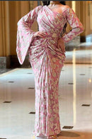 Gold Pink Print Nipped Waist Chiffon Dress - Tuzzut.com Qatar Online Shopping