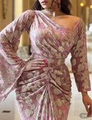 Gold Pink Print Nipped Waist Chiffon Dress - Tuzzut.com Qatar Online Shopping