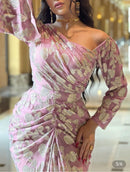 Gold Pink Print Nipped Waist Chiffon Dress - Tuzzut.com Qatar Online Shopping